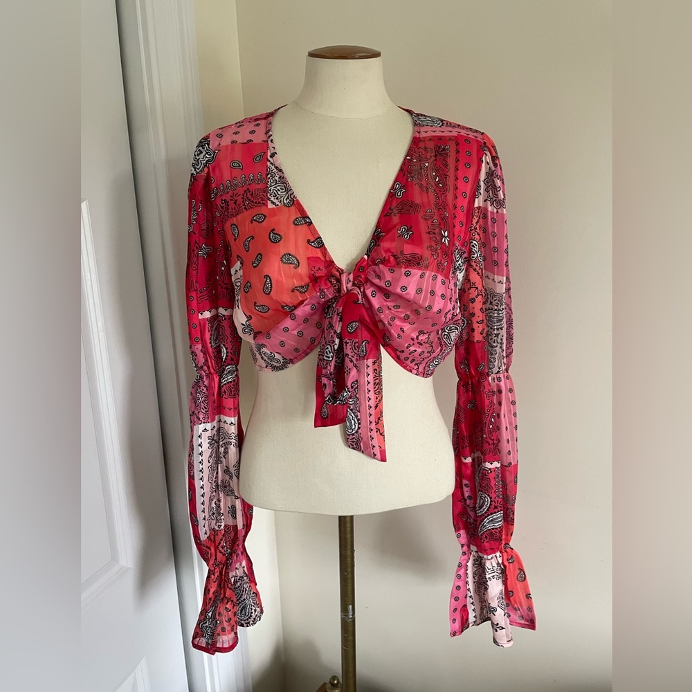 Shein Tie Front Long Sleeve Top Size Medium